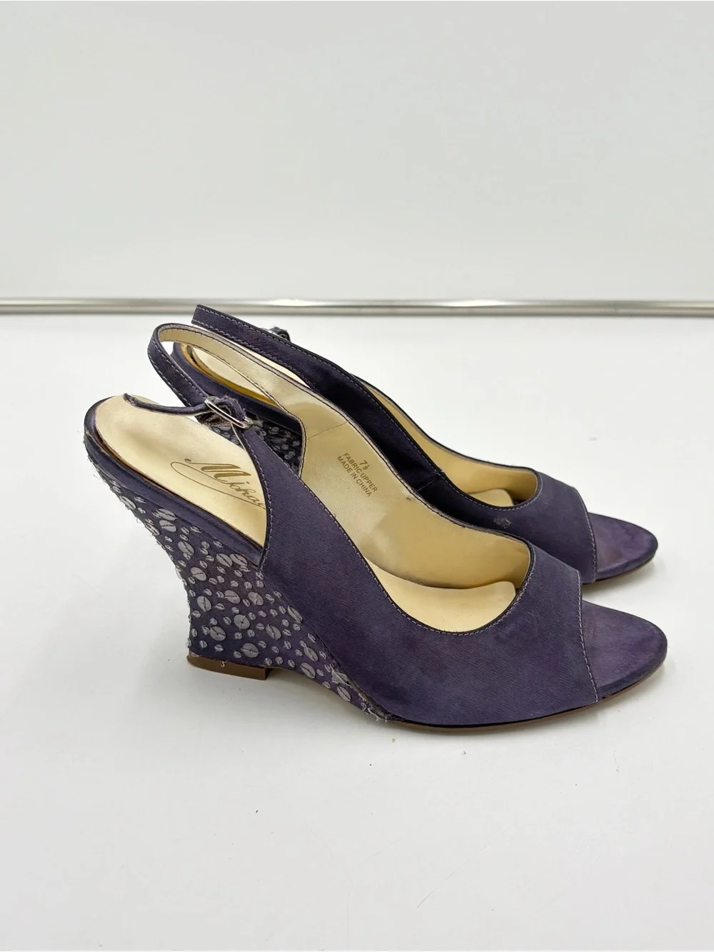Vintage Fairycore Purple Sequin Wedge Slingback Peep Toe Michaelangelo Size 7.5
